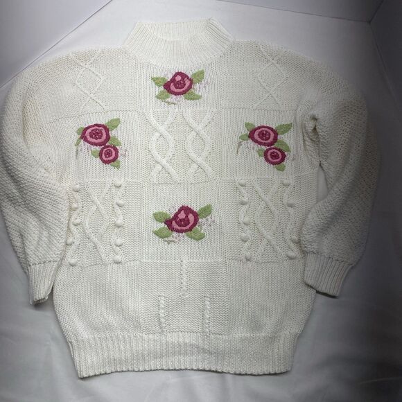 Basket of Yarn Sweaters - VTG Basket of Yarn Floral Embroidered Sweater M Cream Ramie Cotton